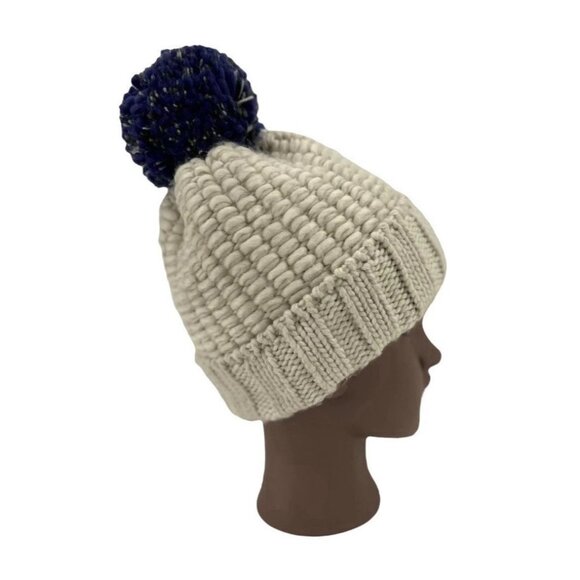 North Face Tufted Beanie Chunky Knit Cap One Size Fitted Pom Pom Oatmeal Purple - Picture 3 of 6